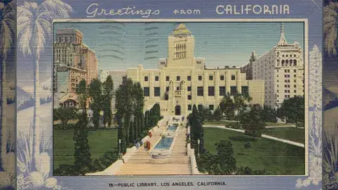 Linen postcard featuring Central Library, postmarked March 1943 