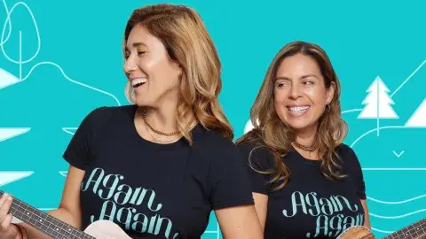 Two women singing and dancing in English and Spanish language for kids.