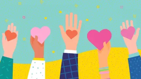 Arms of all colors and sizes are extended with hearts in their hands
