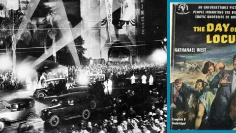 Black and white photo of movie premiere at Grauman's Chinese Theatre alongside the vintage cover of the book, The Day of the Locust