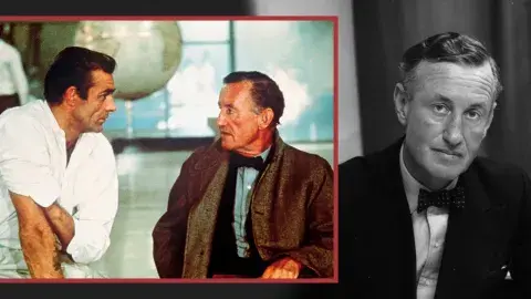 Sean Connery with Ian Fleming on set next to a headshot of Ian Fleming