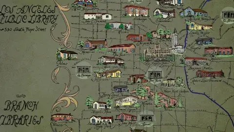 Map of Los Angeles Public libraries by Abigail Lois Cleaves. Colorized version