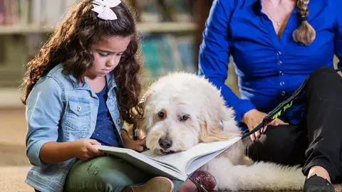 girl reading to a dog