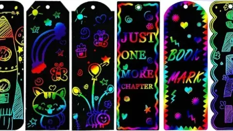Six colorful rainbow scratch-art bookmarks with different designs and patterns.