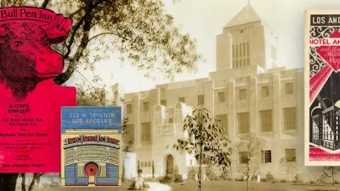 Black and white postcard of Central Library alongside a menu, matchbook and brochure of nearby businesses.